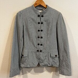 R blue and white stripe cotton denim chambray military jacket size 4